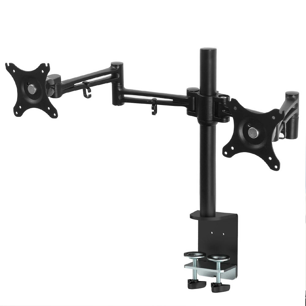 Black dual monitor stand on a white background
