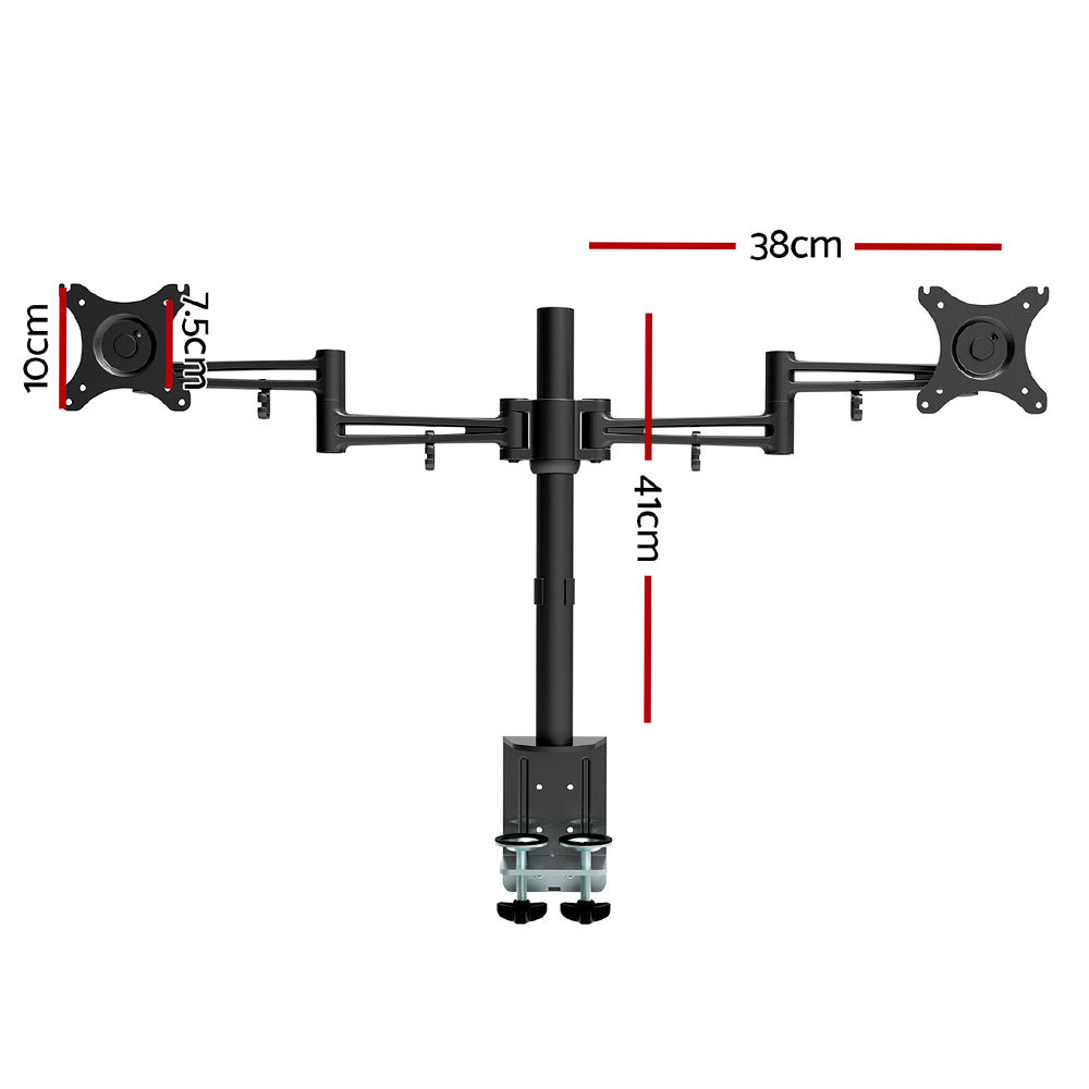 Monitor stand with dual arm design and measurement labels on a white background