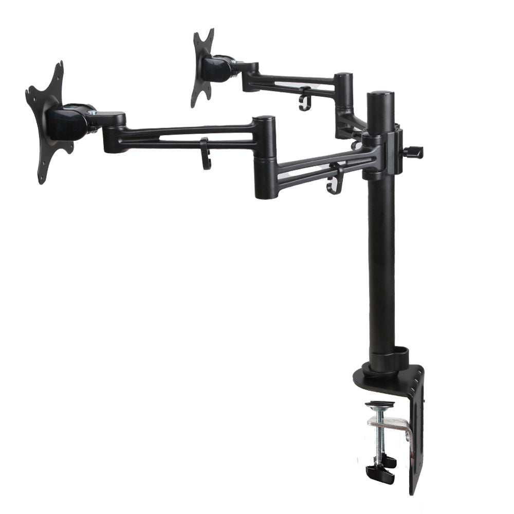 Black dual monitor stand on a white background