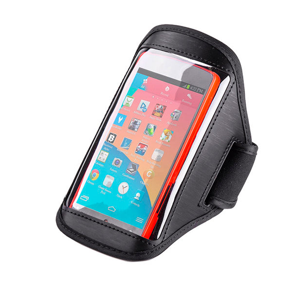 Black armband with a smartphone displaying app icons on a white background