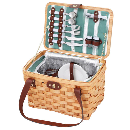 Alfresco 2 Person Picnic Basket Set Wooden Cooler Bag Plates Outdoor Insulated - Image 1