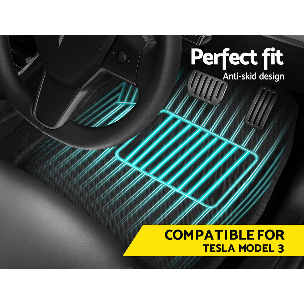 Car floor mat with anti-skid design for Tesla Model 3, showing compatibility text.