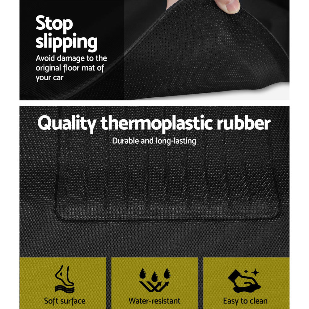Car mat with text highlighting features like 'Stop slipping', 'Quality thermoplastic rubber', 'Soft surface', 'Water-resistant', and 'Easy to clean'.