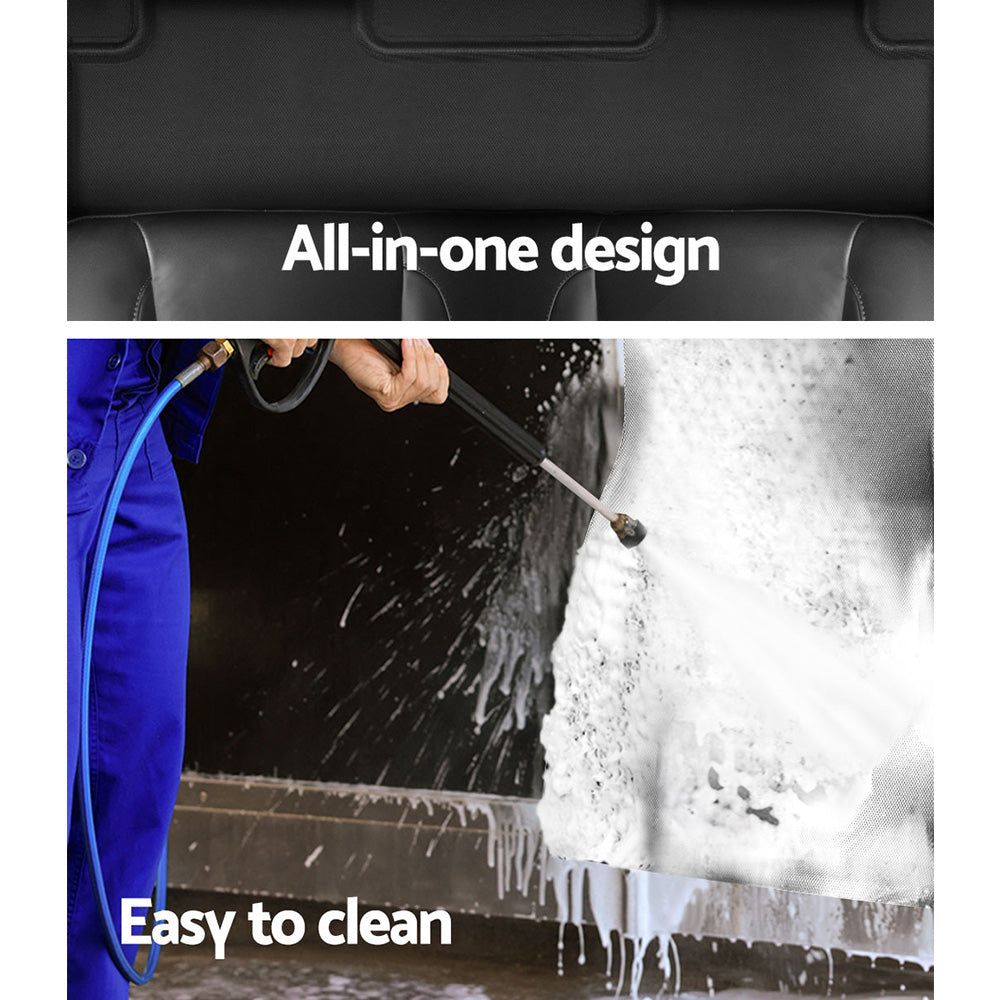 Person cleaning a car with a high-pressure washer, emphasizing 'All-in-one design' and 'Easy to clean'.