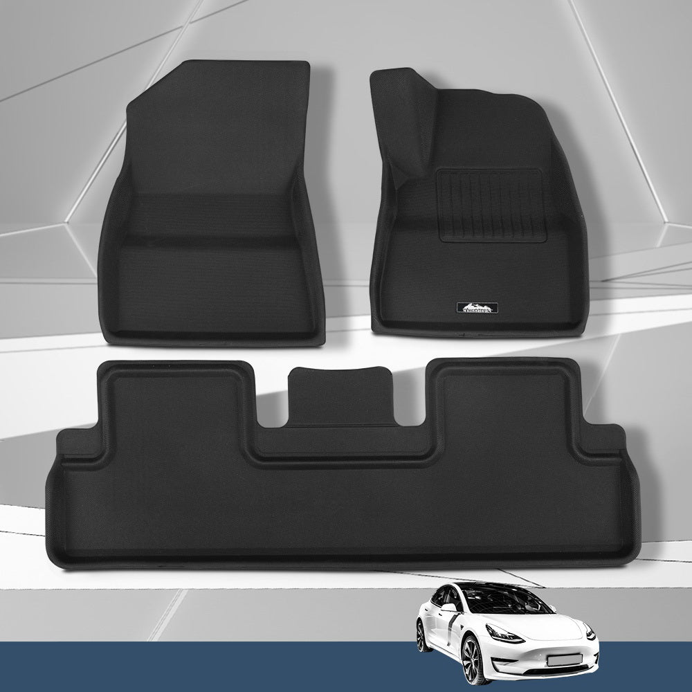 Set of black car floor mats with a small white car icon at the bottom.