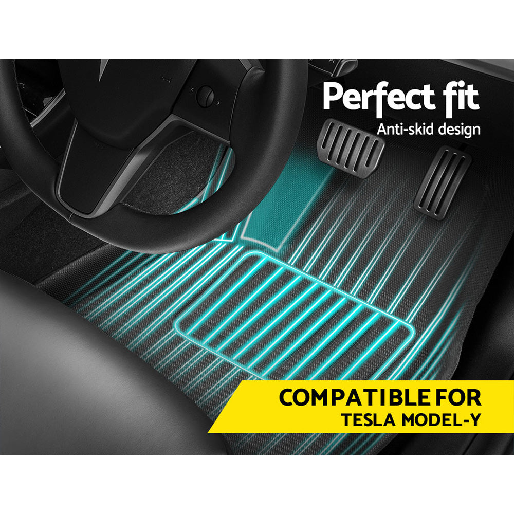 Car floor mat with anti-skid design for Tesla Model-Y, showing steering wheel and pedals.