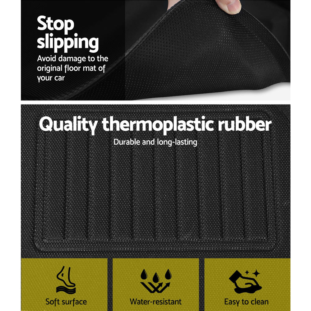 Black car mat with text highlighting features like 'Stop slipping', 'Quality thermoplastic rubber', 'Soft surface', 'Water-resistant', and 'Easy to clean'.