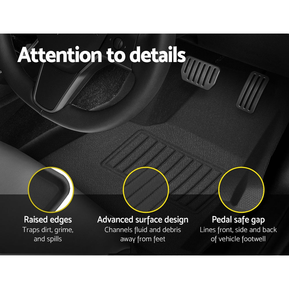 Car floor mat with features highlighted on a black background