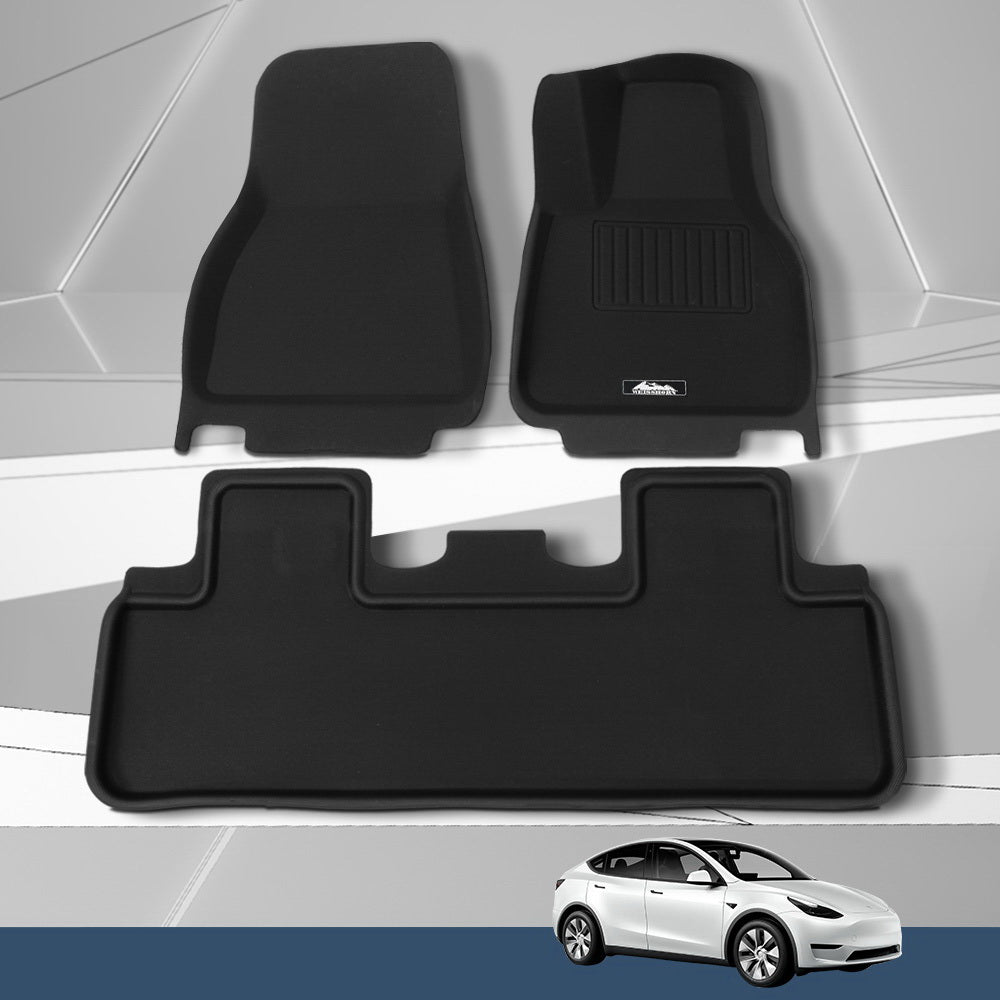 Set of black car floor mats with a logo on a gray background, featuring a white car at the bottom.