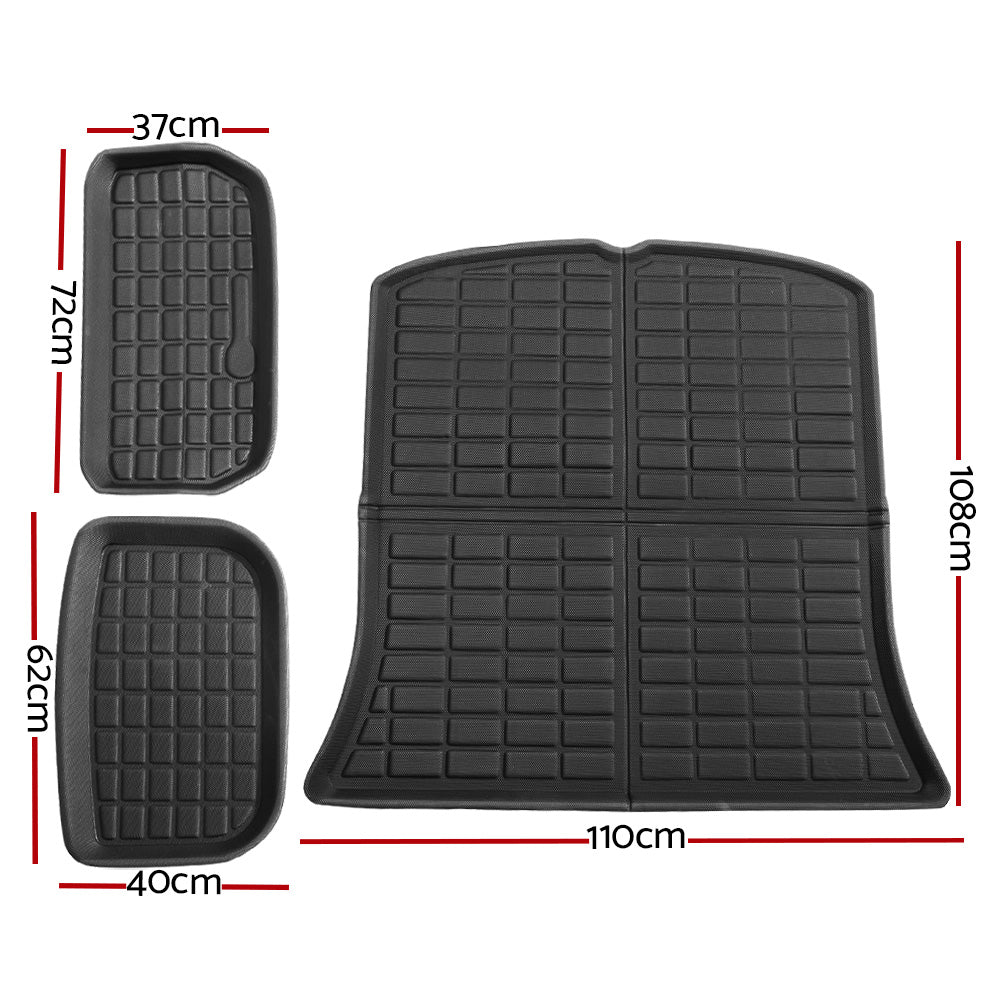 Set of black car floor mats with measurements on a white background