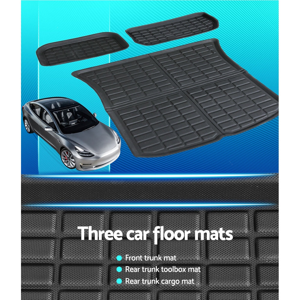 Set of three car floor mats with a car illustration on a blue background