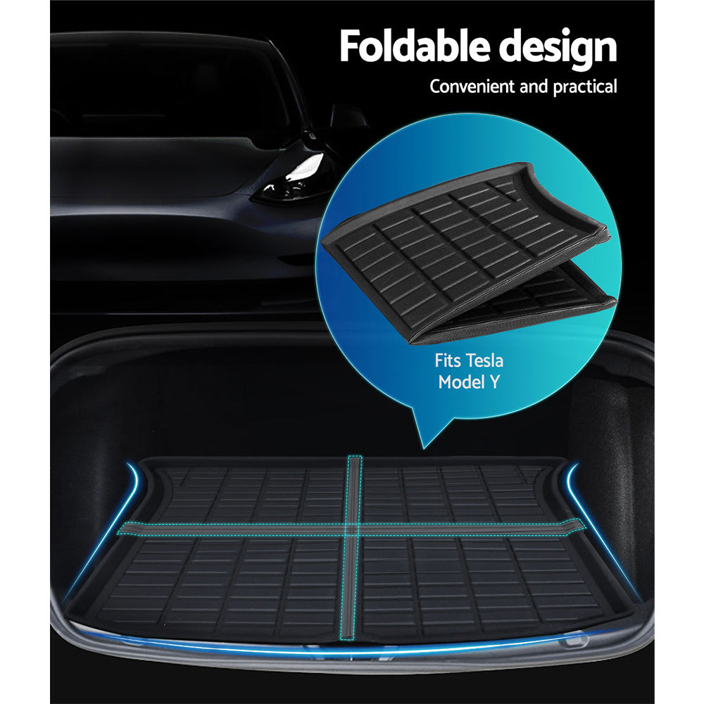 Car trunk with a foldable black mat, suitable for Tesla Model Y, highlighting convenience and practicality.