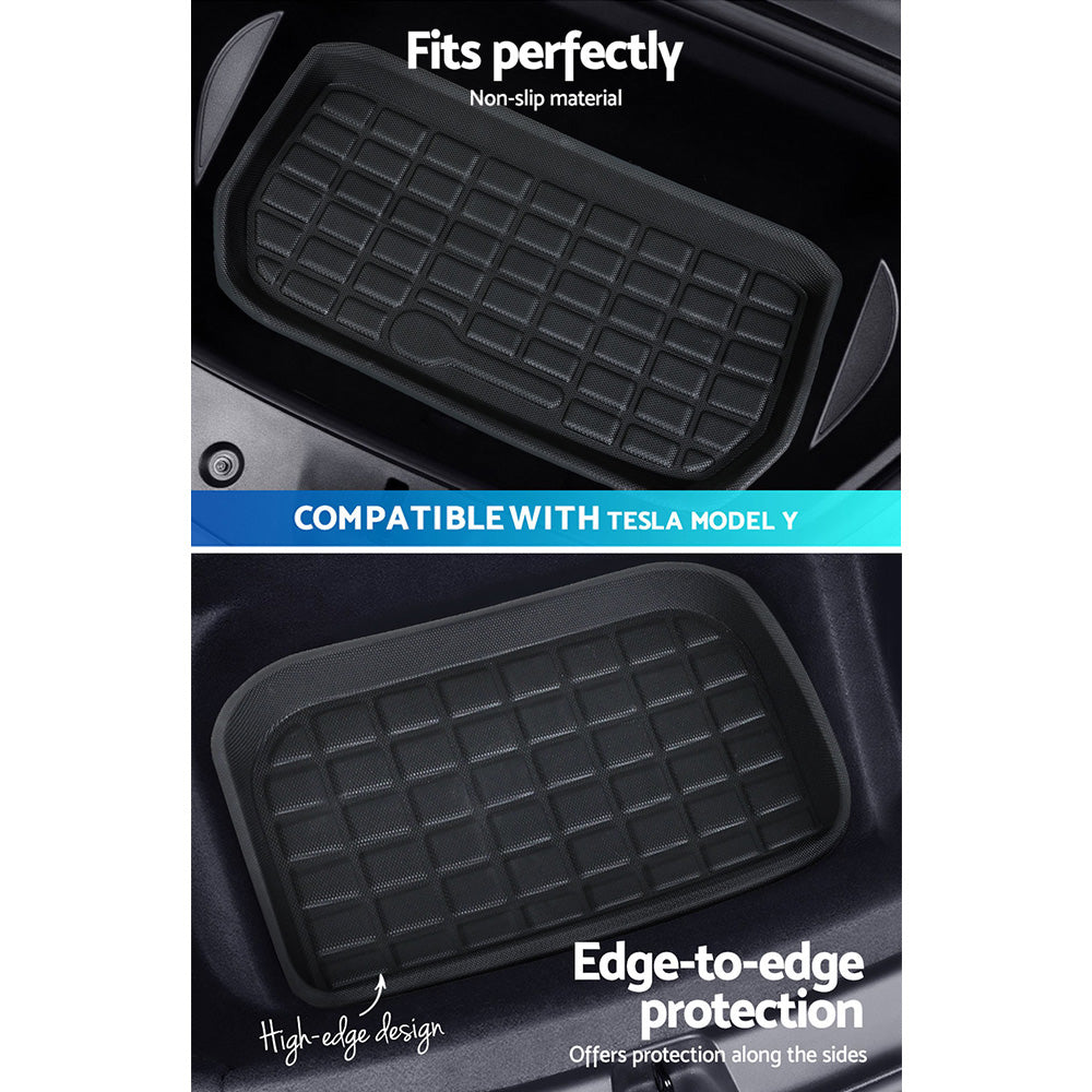 Car mat with text indicating compatibility with Tesla Model Y and features like non-slip material and edge-to-edge protection.