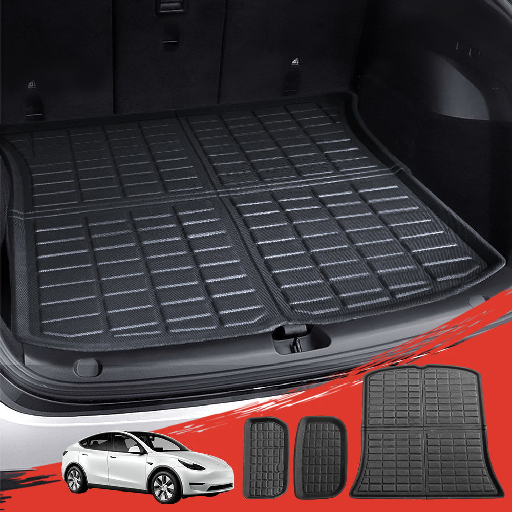 Car trunk with a black cargo liner and smaller cargo liners displayed below on a red background.