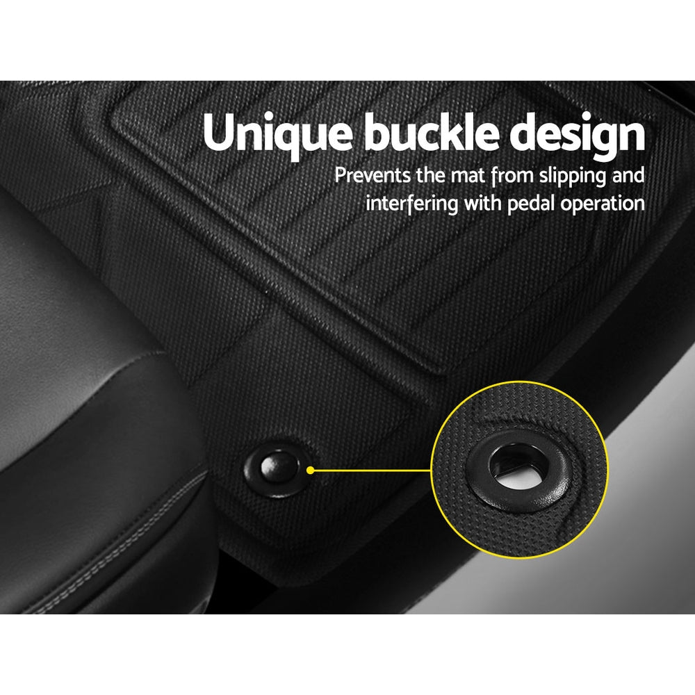 Car floor mat with unique buckle design feature highlighted