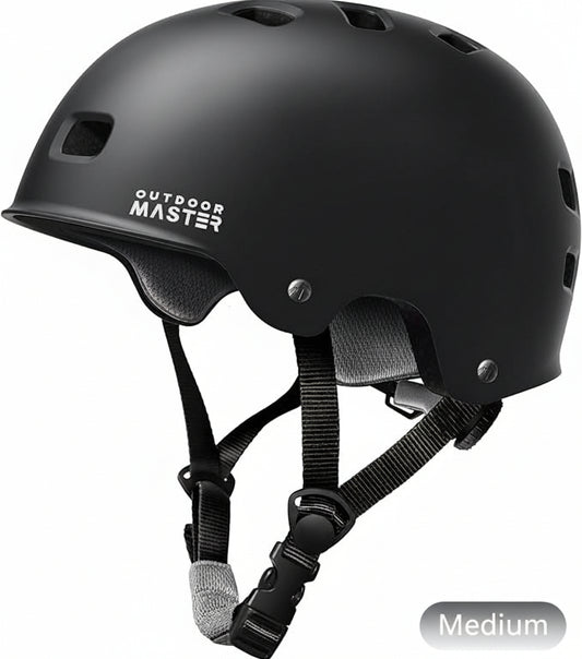 Black helmet with 'Outdoor Master' branding on a white background