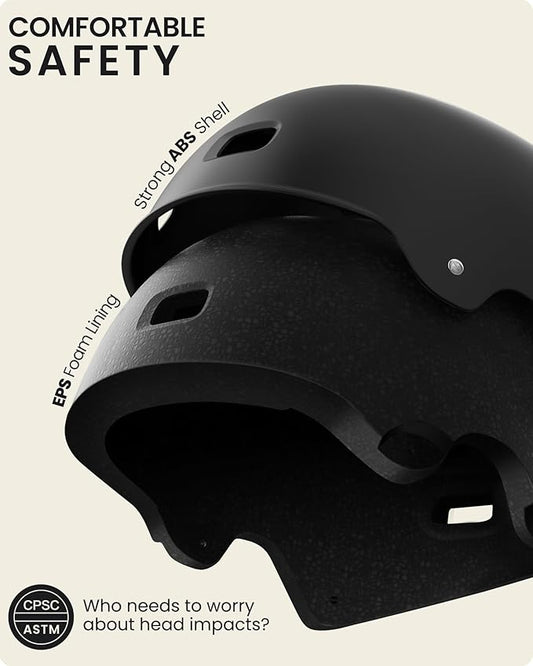 Black helmet with text highlighting safety features on a beige background