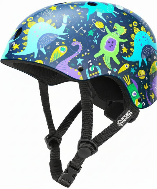 Colorful helmet with dinosaur pattern on a white background