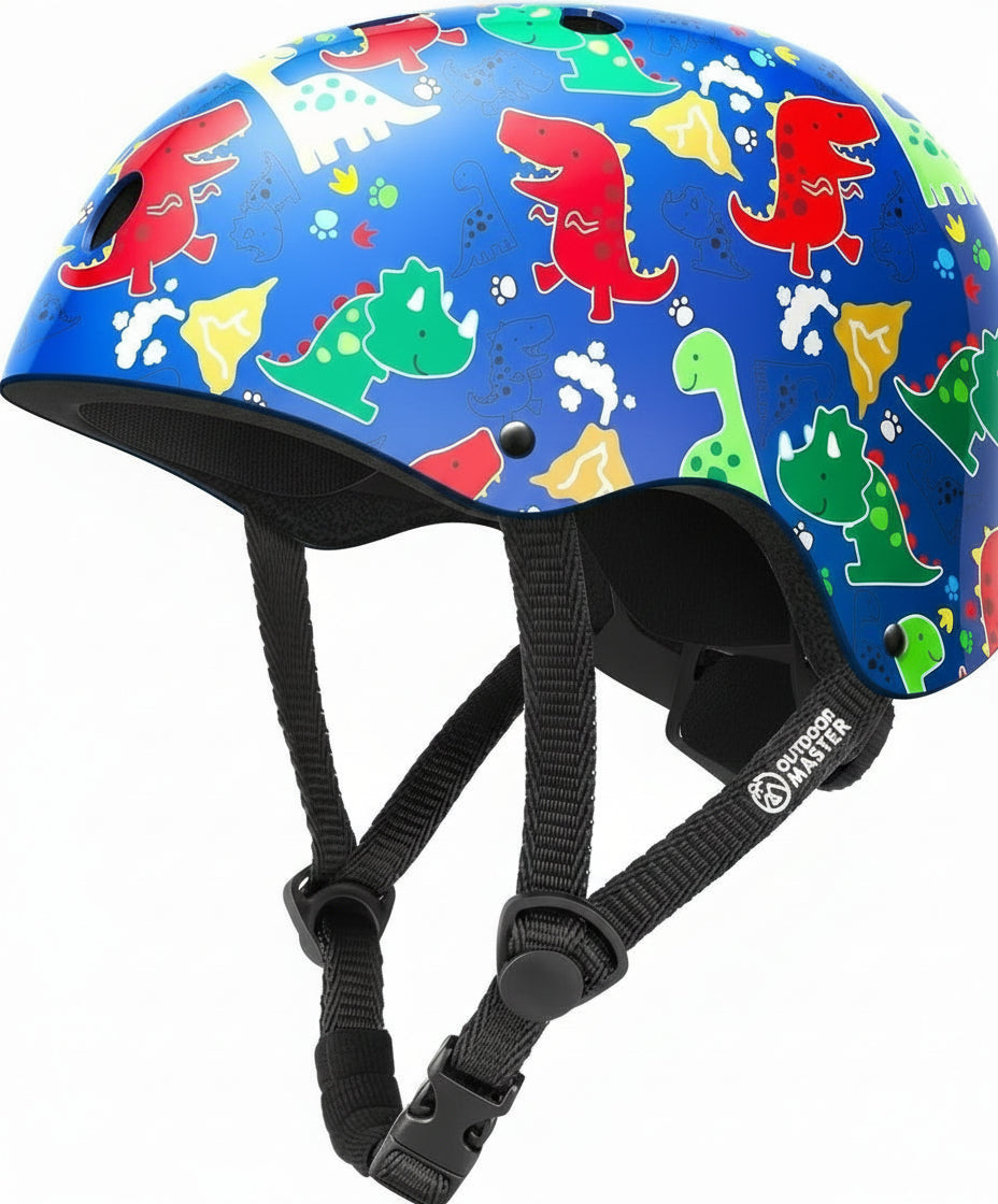 Colorful dinosaur-patterned helmet with black straps on a white background