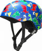 Colorful dinosaur-patterned helmet with black straps on a white background
