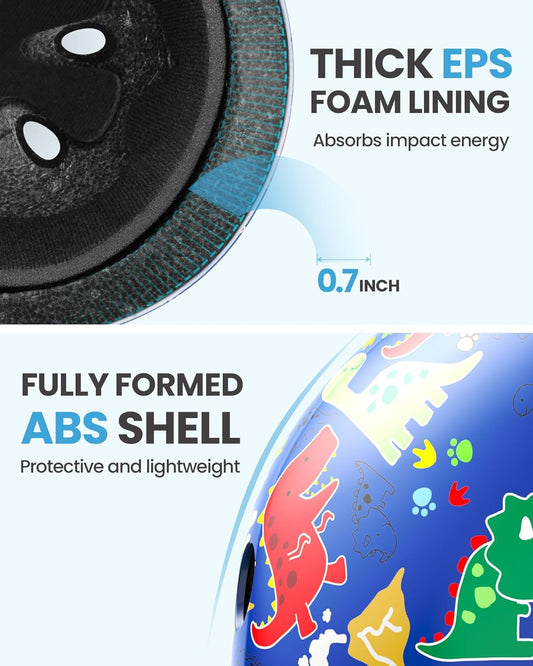 OutdoorMaster Youth & Kids Bike Helmet - Adjustable Multi-Sports Skateboard Helmet with Removable Liners for Balance Bike, Kids Scooter, One Wheel Hoverboard,Graffiti-style helmet-Dino Volcanoland