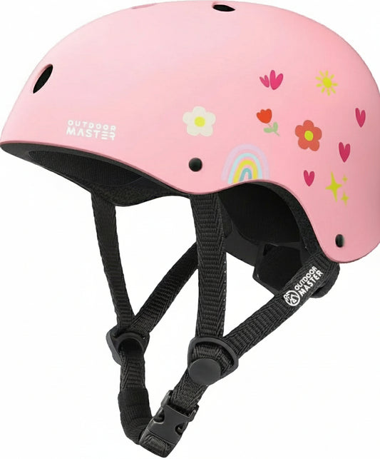 Pink helmet with floral designs and black straps on a white background