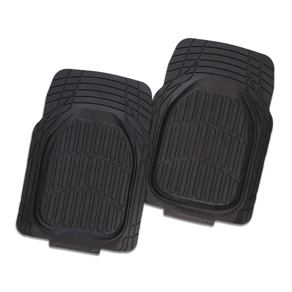 Pair of black car floor mats on a white background