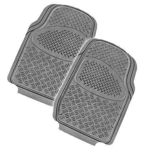 Pair of gray car floor mats with textured surface on a white background