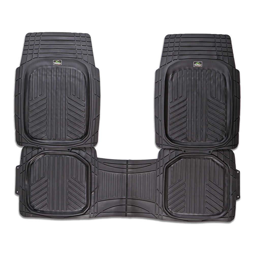 Set of black car floor mats with a visible brand logo on a white background