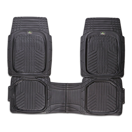 Set of black car floor mats with a visible brand logo on a white background