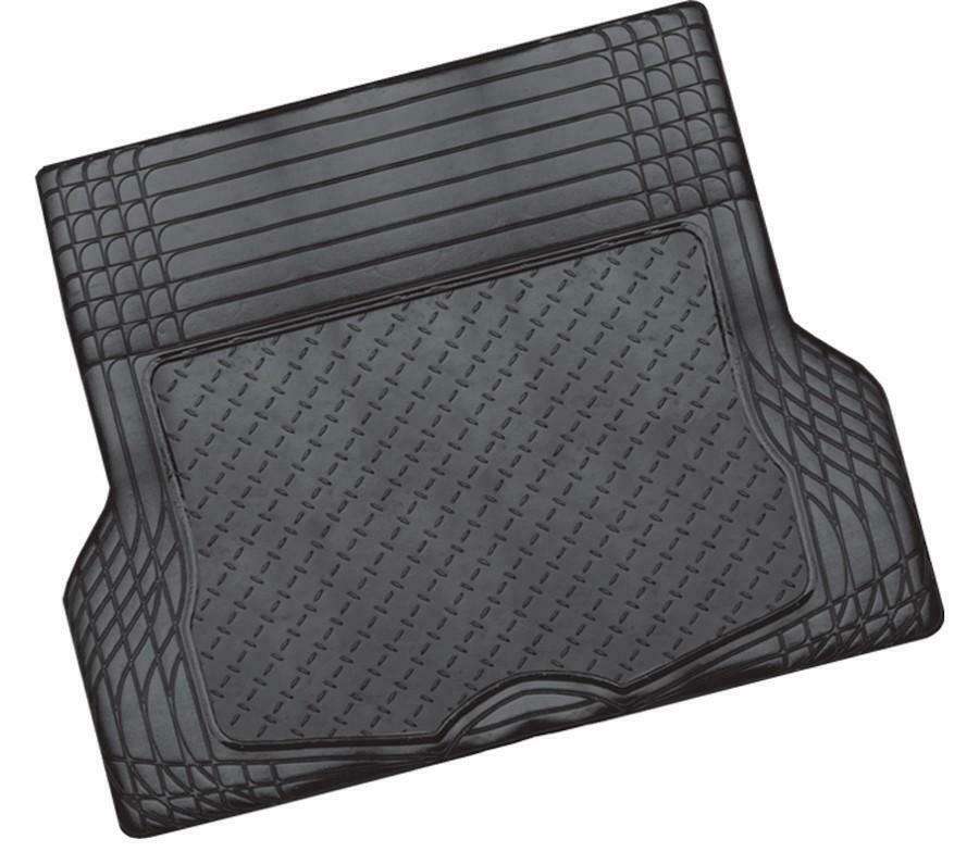 Black car boot mat with textured pattern on a white background