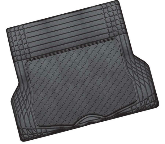Black car boot mat with textured pattern on a white background