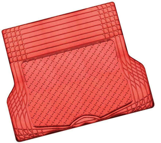 Red car boot floor mat with textured pattern on a white background