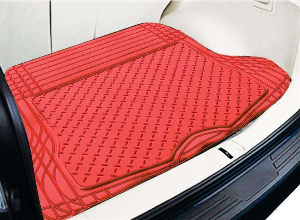 Red car boot mat on a vehicle's white floor