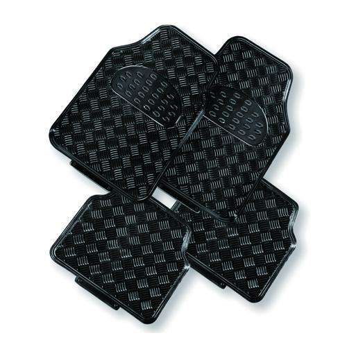 Set of four black car mats with a textured pattern on a white background