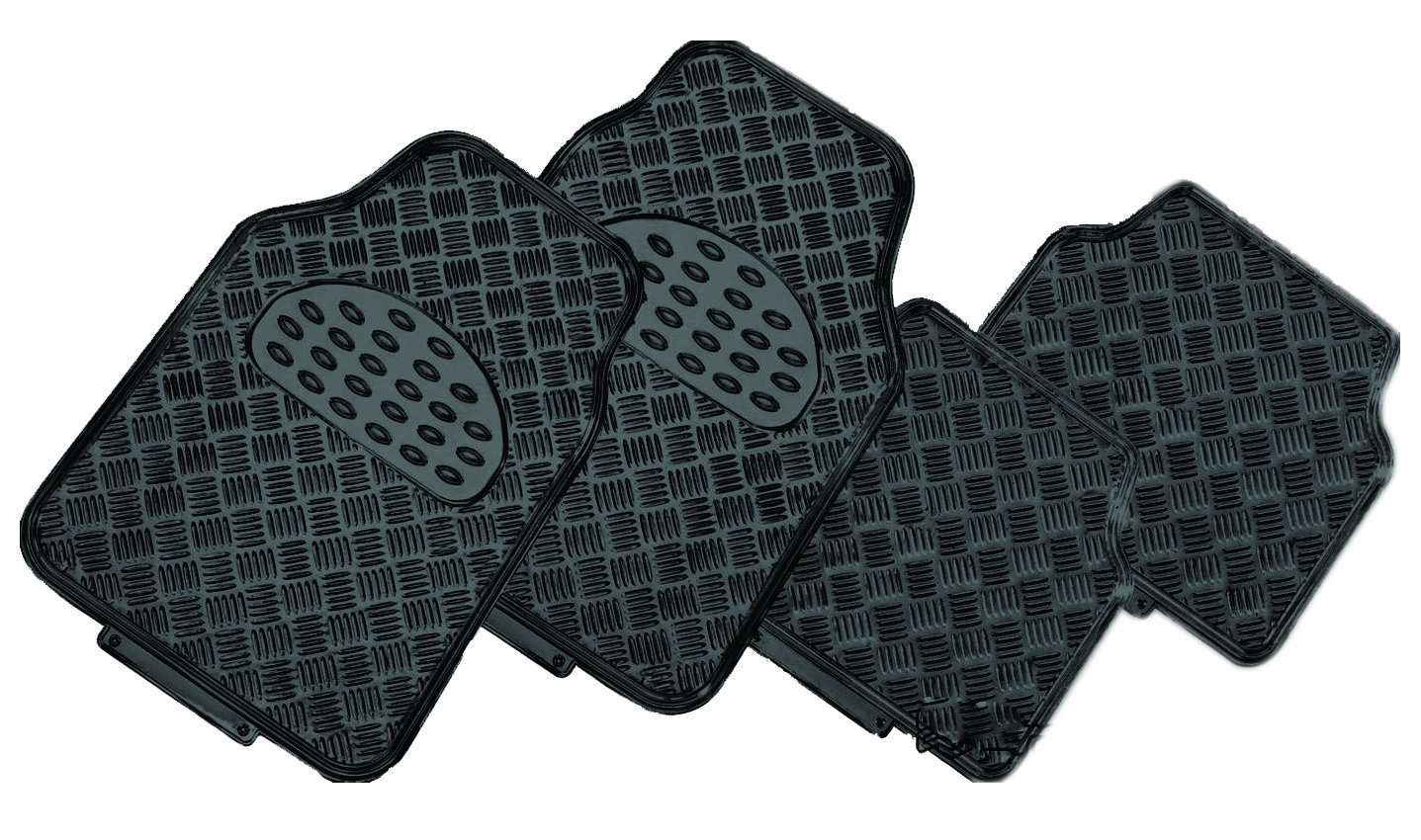 Set of black car floor mats with textured pattern on a white background
