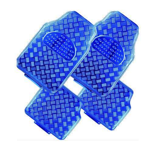 Four blue textured car mats stacked on a white background