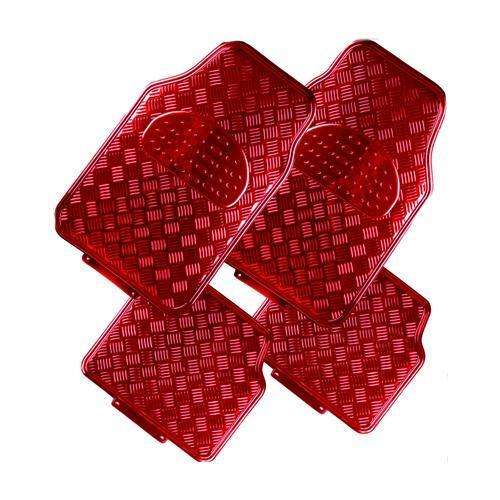 4 Red rubber car mats with a textured pattern on a white background
