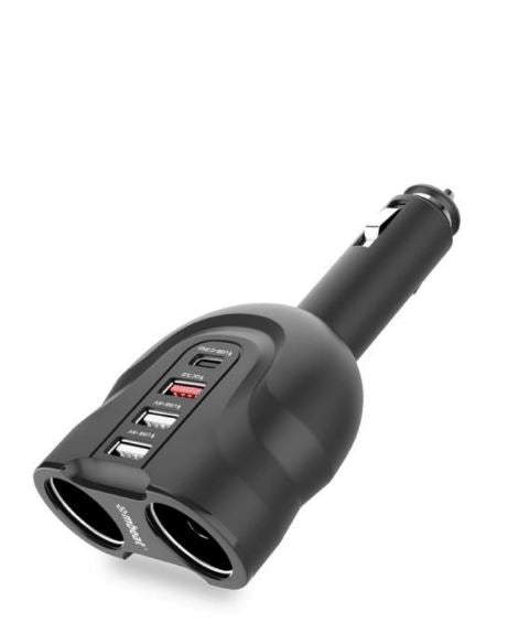 Black car charger with multiple ports on a white background