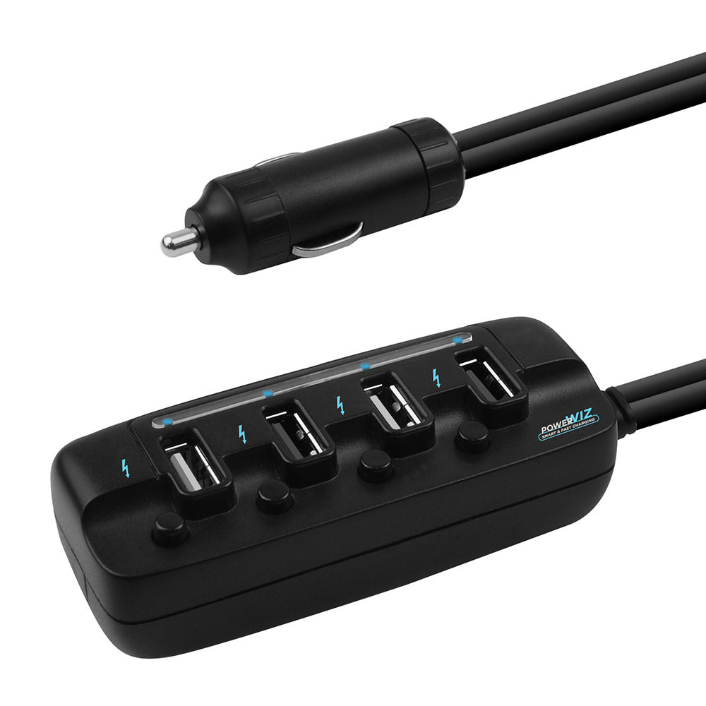 Black car charger with multiple USB ports on a white background