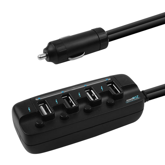 Black car charger with multiple USB ports on a white background