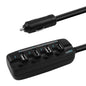 Black car charger with multiple USB ports on a white background
