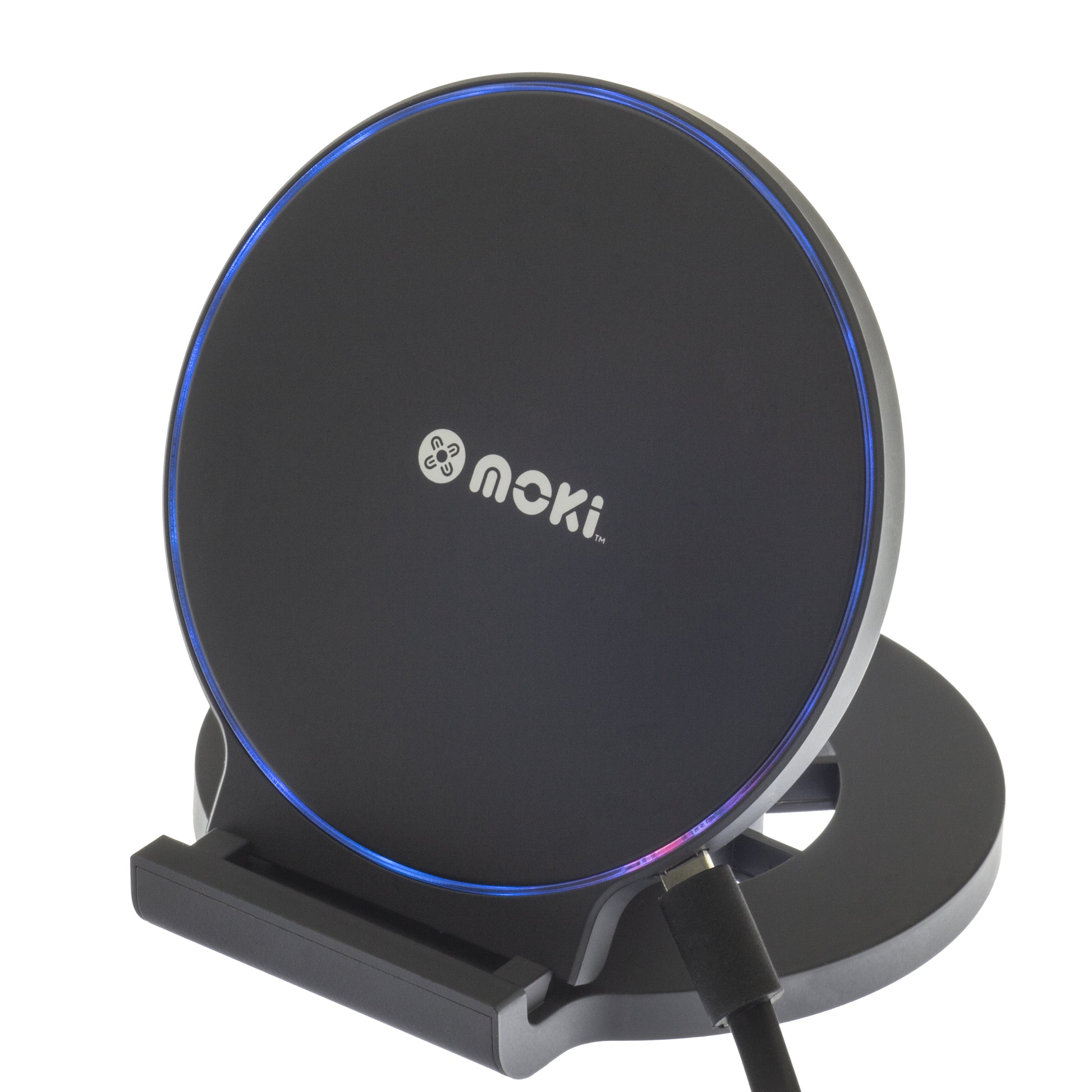 Black wireless charging stand with 'moki' branding on a white background