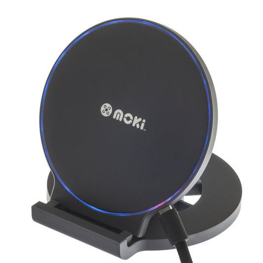 Black wireless charging stand with 'moki' branding on a white background