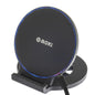 Black wireless charging stand with 'moki' branding on a white background