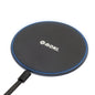 Black wireless charging pad with blue edge and 'moki' branding on a white background
