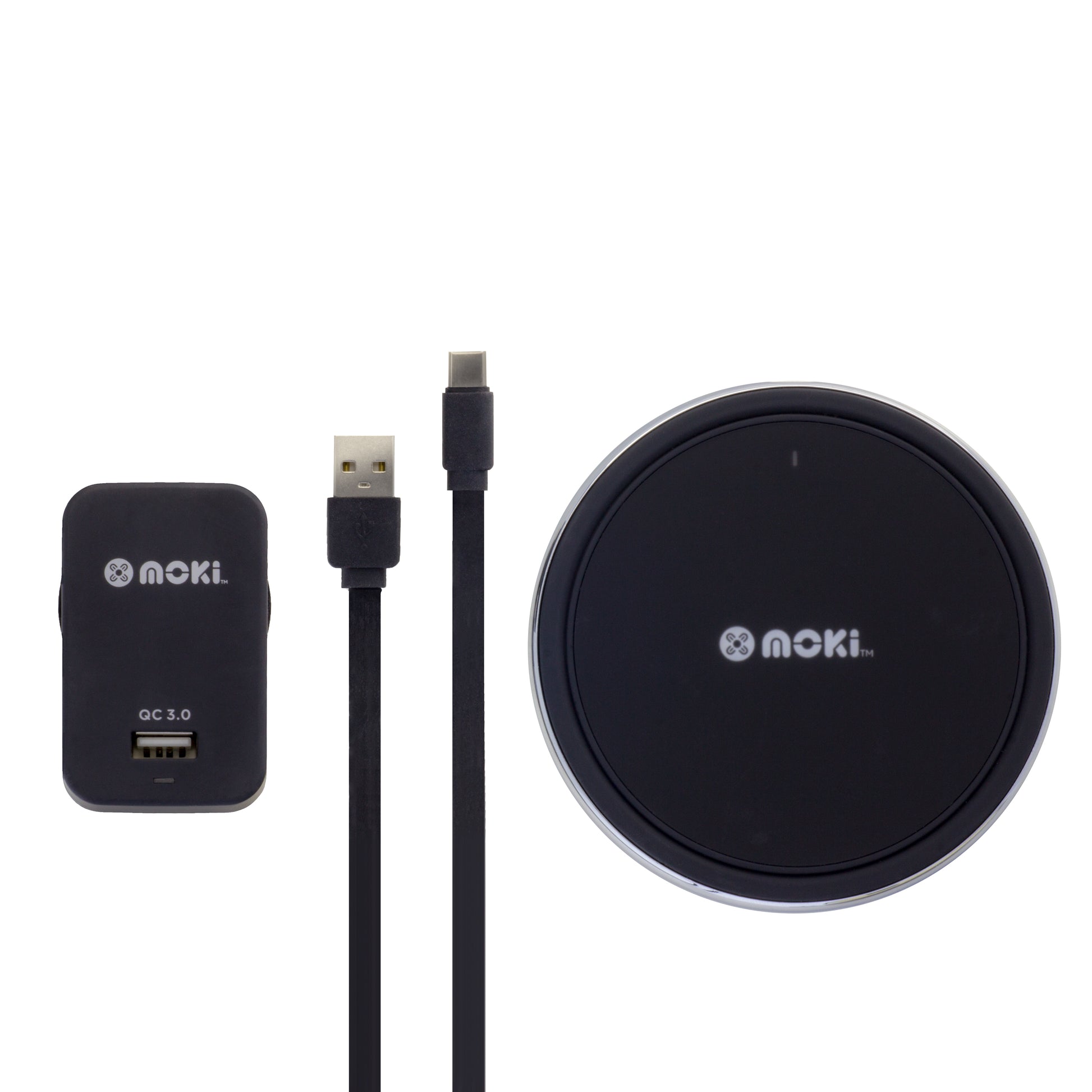 Moki electronic accessories including a USB cable, charging pad, and small device on a white background