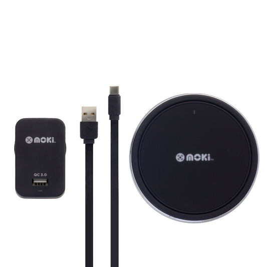Moki electronic accessories including a USB cable, charging pad, and small device on a white background