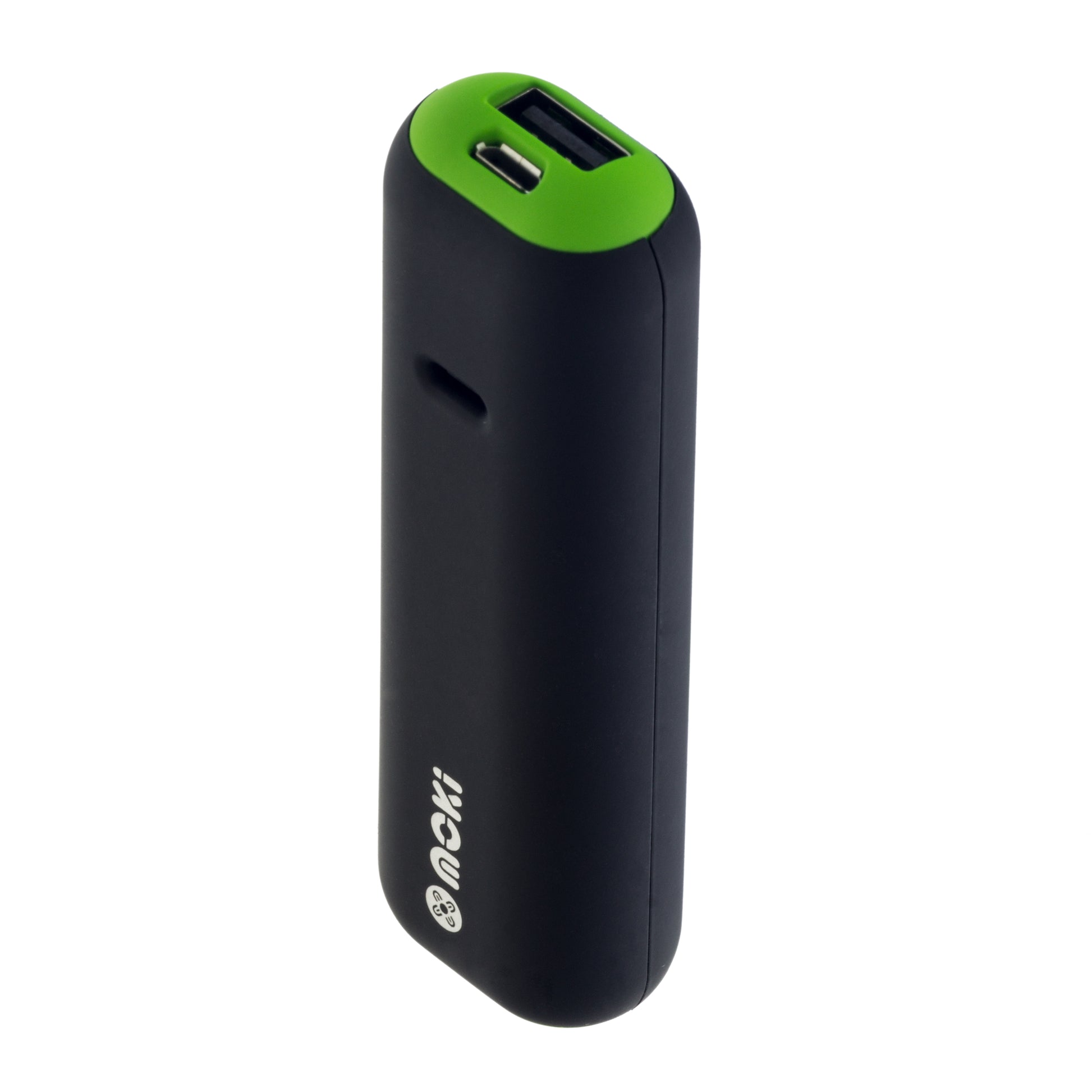 Black power bank with green top on a white background