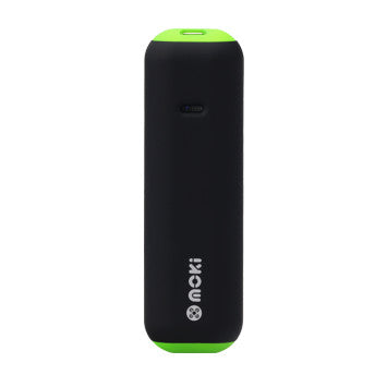 Black portable device with green accents on a white background